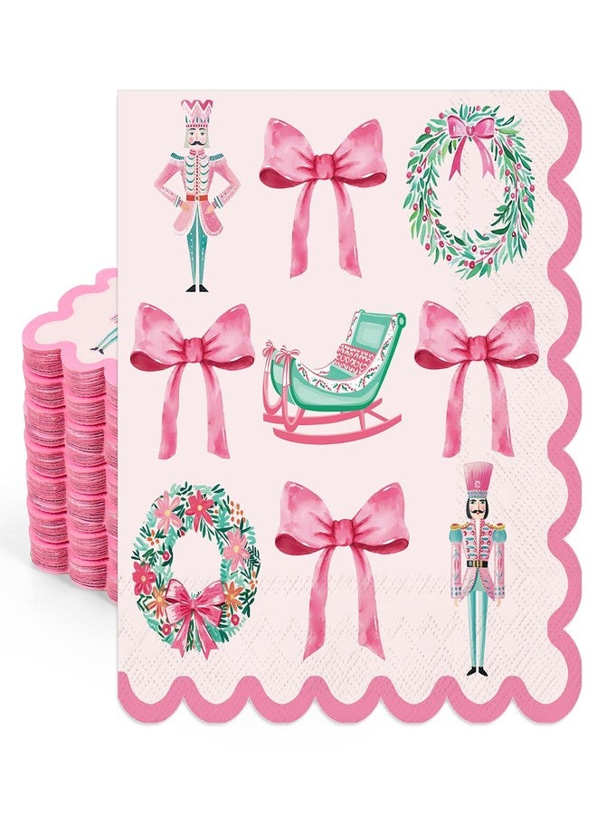 Whaline 100Pcs Christmas Scalloped Paper Napkin Pink Green Nutcracker Wreath Bow Disposable Luncheon Napkins Dinner Hand Napkins for Xmas Party Supplies Table Decor - Image 1